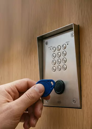 Badge MGP Matic présenté devant un lecteur de contrôle d'accès sur porte en bois