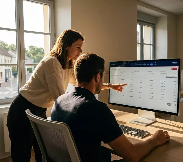 Agents municipaux consultant le tableau de bord de gestion MGP Matic sur ordinateur
