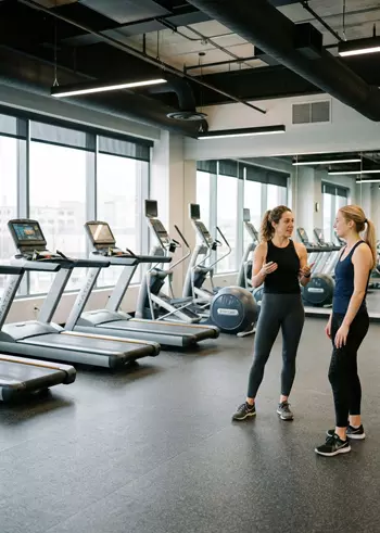 Éclairage LED allumé dans une salle de fitness avec adhérentes discutant entre les machines