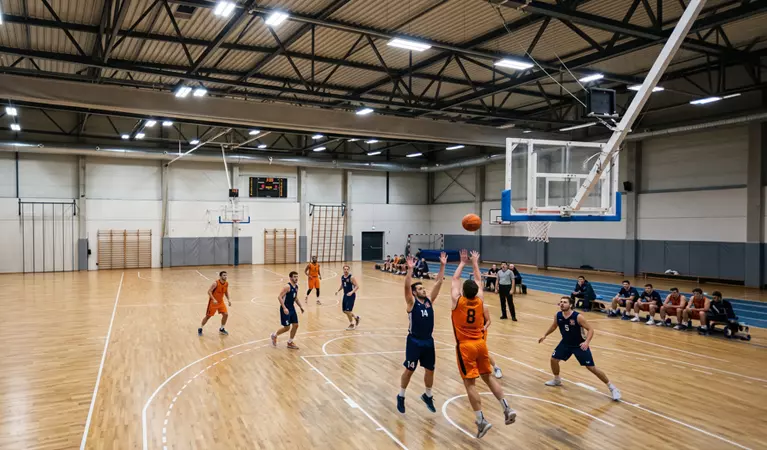 Éclairage LED MGP Matic allumé dans une salle multisport pendant un match de basket, vue mobile