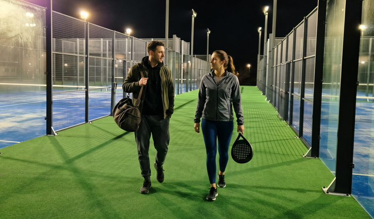 Joueurs quittant des courts de padel éclairés en LED le soir, gestion MGP Matic, vue mobile