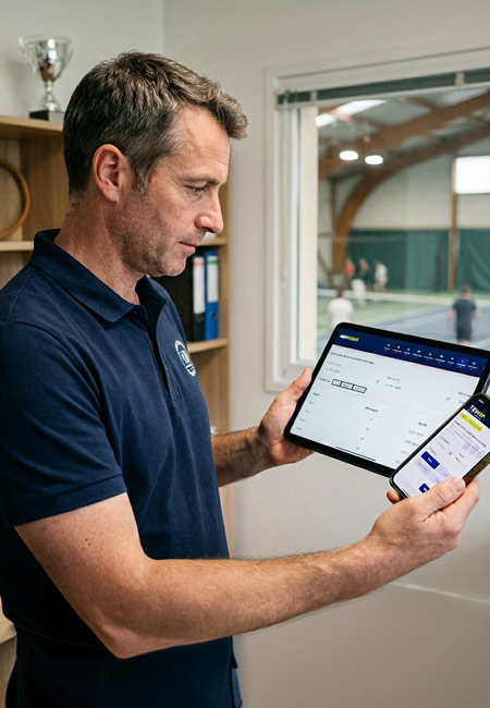 Gérant de club consultant l'application MGP Matic et TEN'UP sur tablette et smartphone