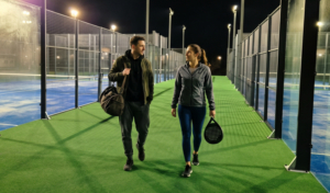 Joueurs quittant des courts de padel éclairés en LED le soir, gestion MGP Matic, vue mobile